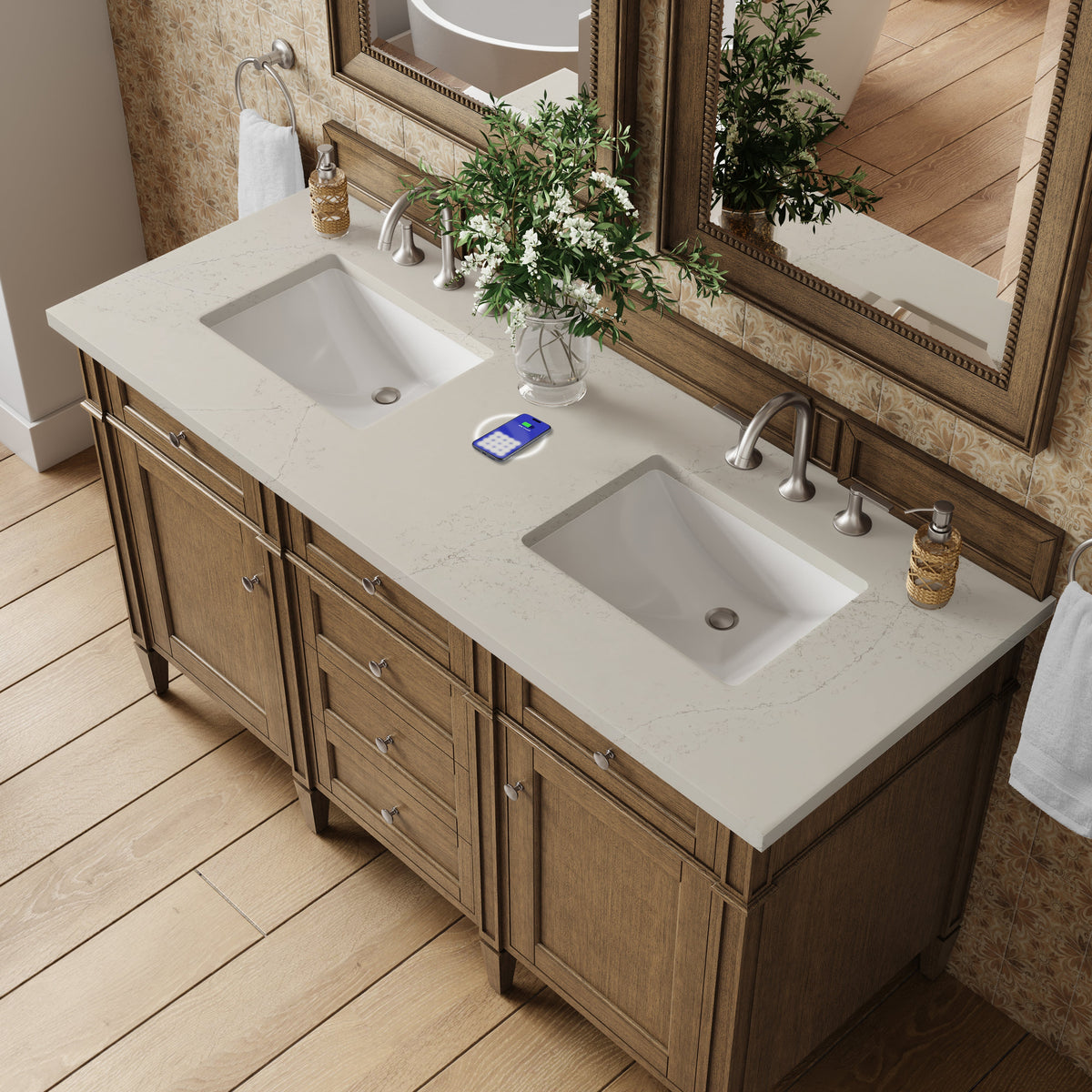 James Martin Brittany 60" Double Bathroom Vanity, Saddle Brown with Siberian (FreePower) countertop