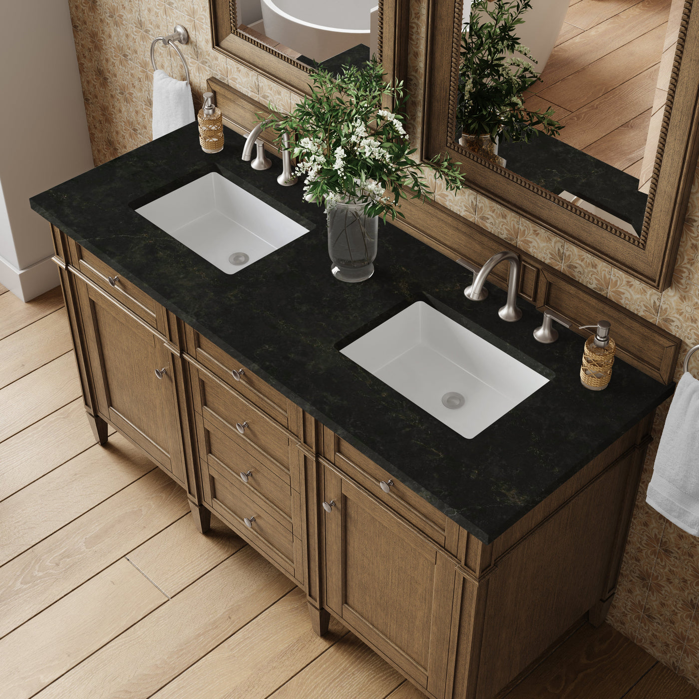 James Martin Brittany 60" Double Bathroom Vanity, Saddle Brown with Phantome countertop