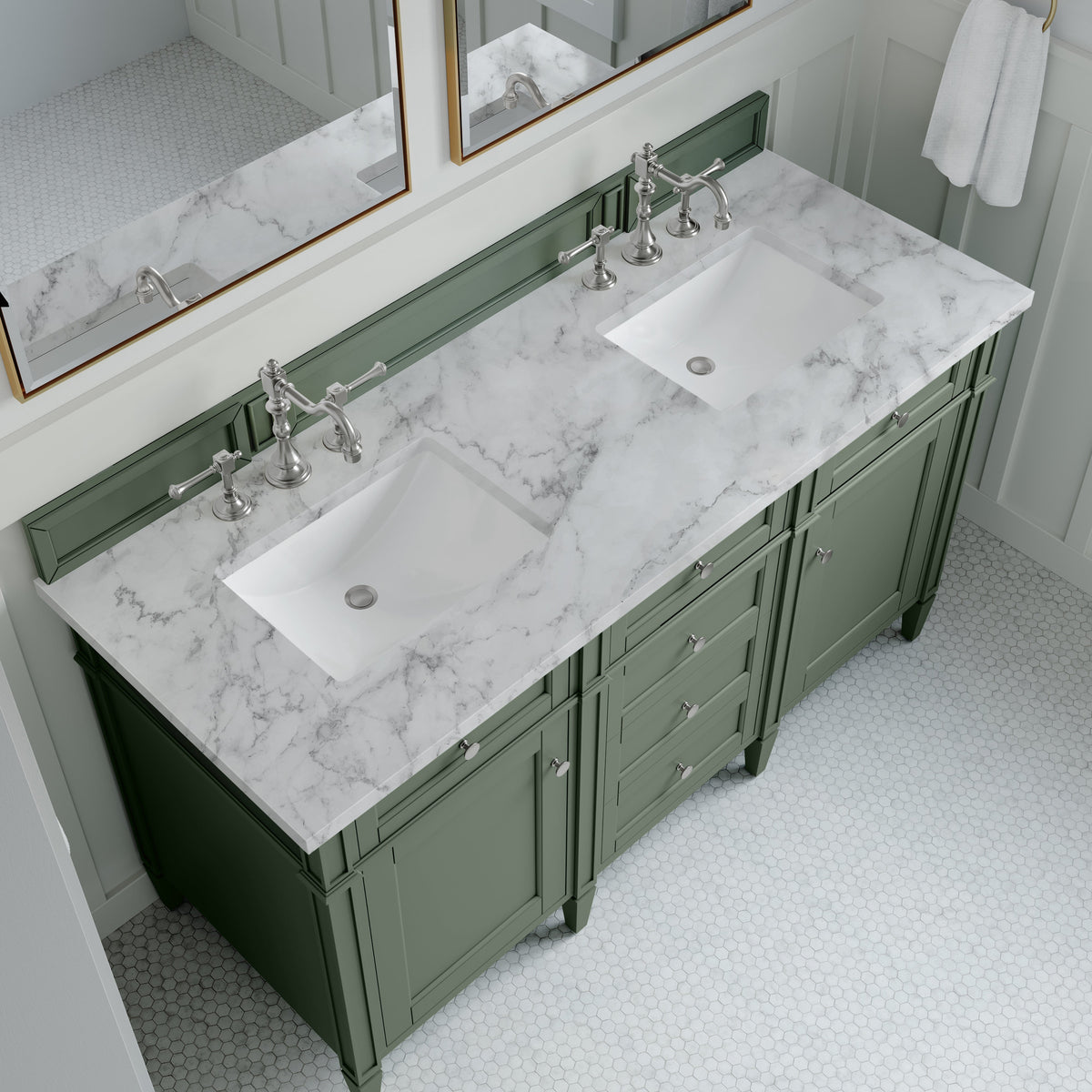 James Martin Brittany 60" Double Bathroom Vanity, Smokey Celadon with Carrara White countertop