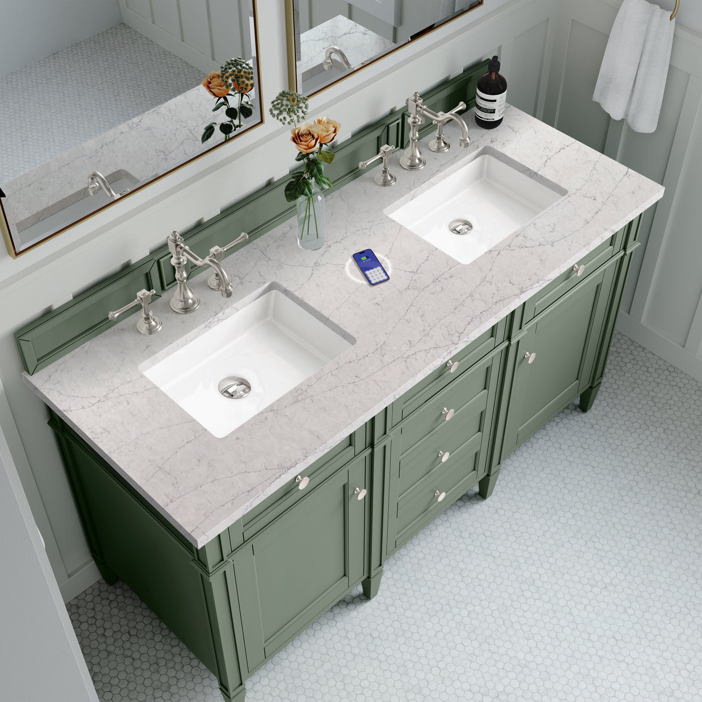 James Martin Brittany 60" Double Bathroom Vanity, Smokey Celadon with Eternal Jasmine Pearl (FreePower) countertop