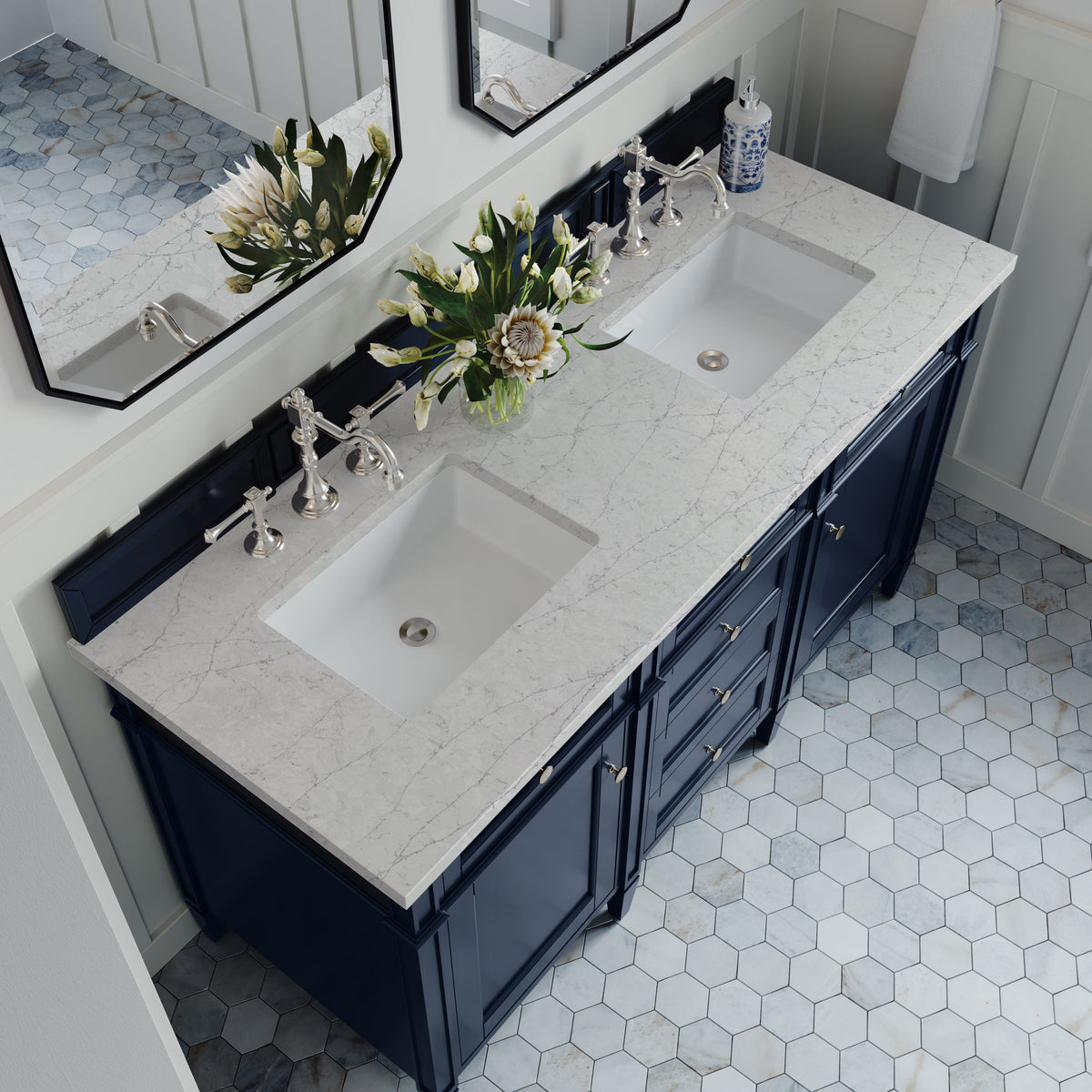 James Martin Brittany 60" Double Bathroom Vanity, Victory Blue with Eternal Jasmine Pearl countertop