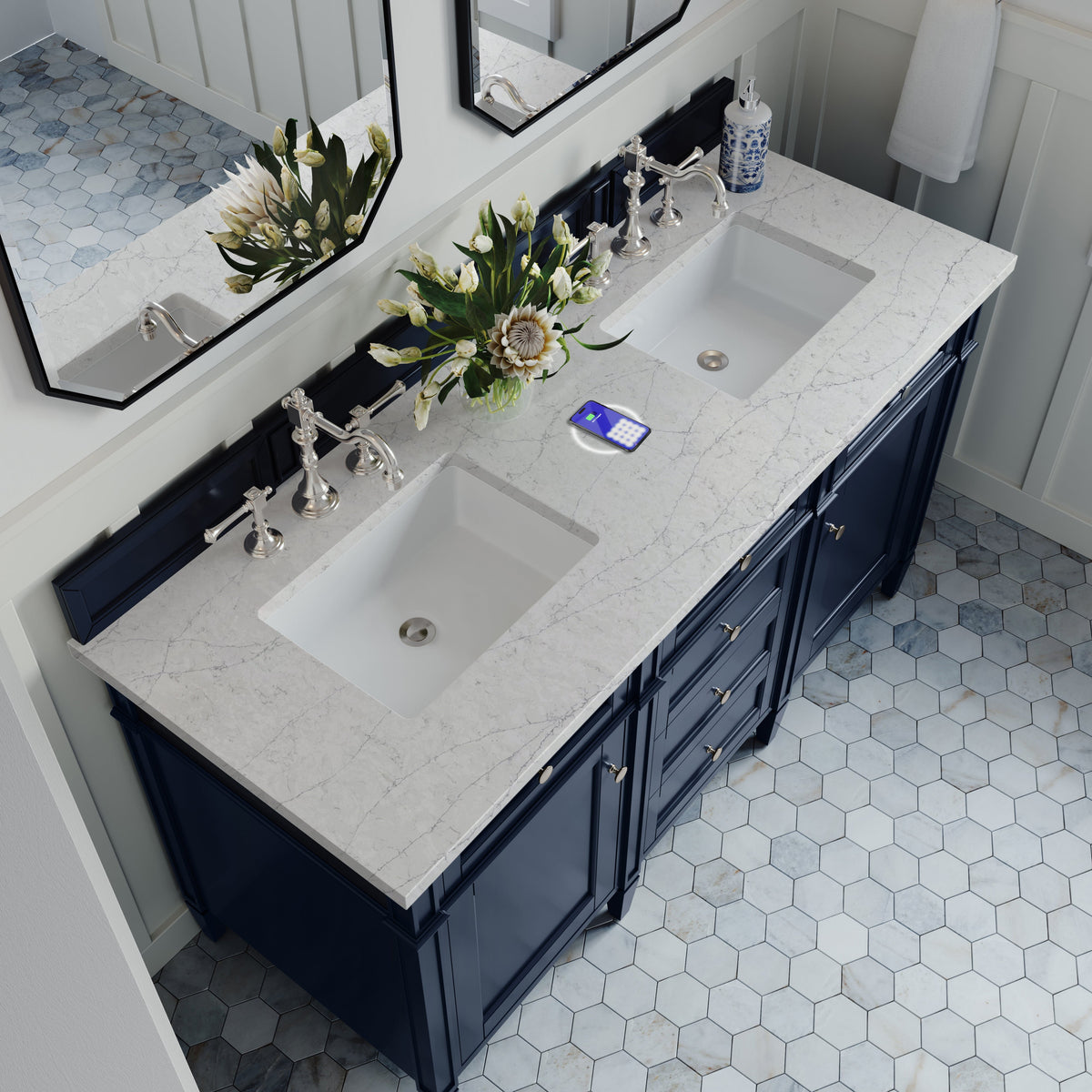 James Martin Brittany 60" Double Bathroom Vanity, Victory Blue with Eternal Jasmine Pearl (FreePower) countertop