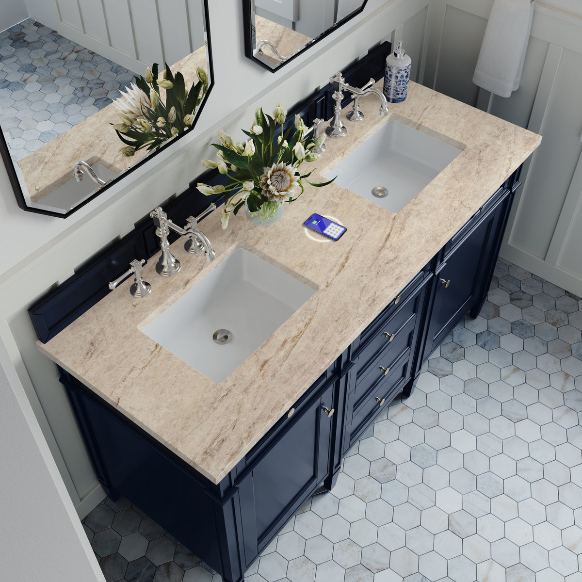 James Martin Brittany 60" Double Bathroom Vanity, Victory Blue with Tajnar (FreePower) countertop