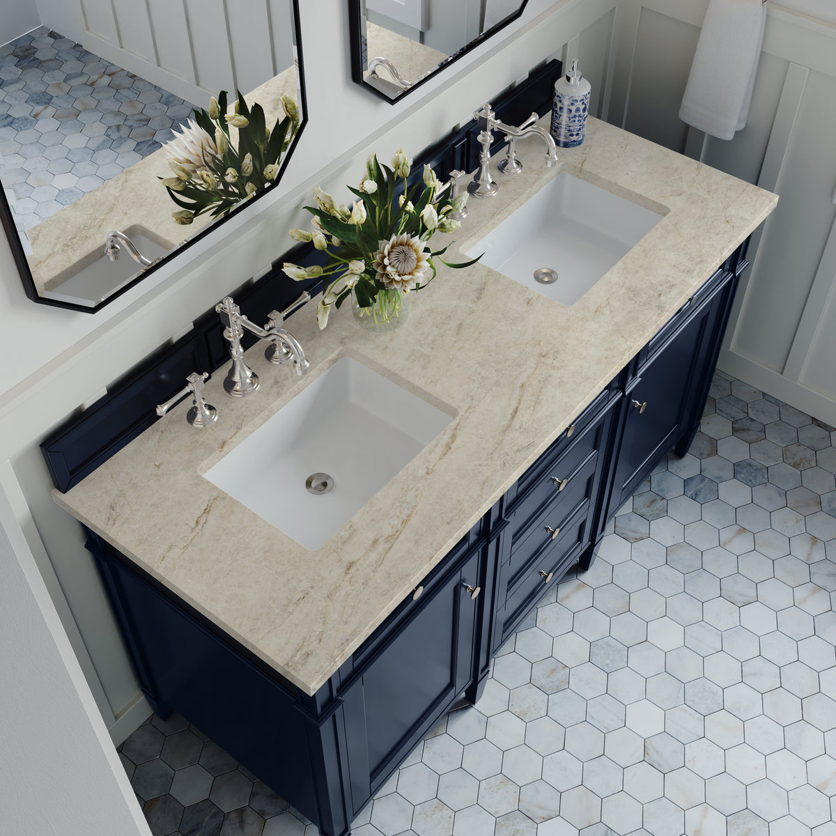 James Martin Brittany 60" Double Bathroom Vanity, Victory Blue with Tajnar countertop