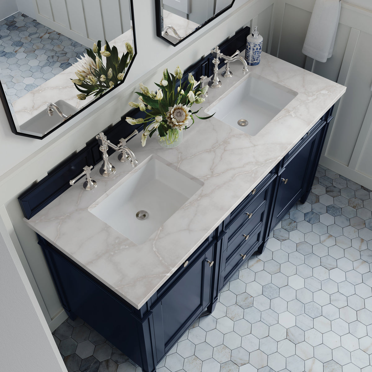 James Martin Brittany 60" Double Bathroom Vanity, Victory Blue with Victorian Silver countertop