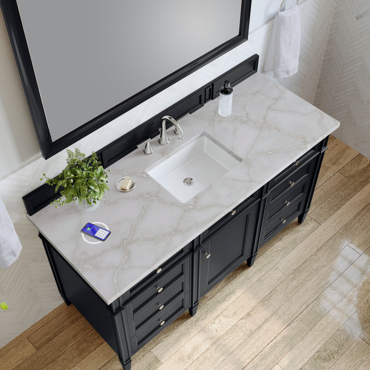 James Martin Brittany 60" Single Bathroom Vanity, Black Onyx with Victorian Silver (FreePower) countertop