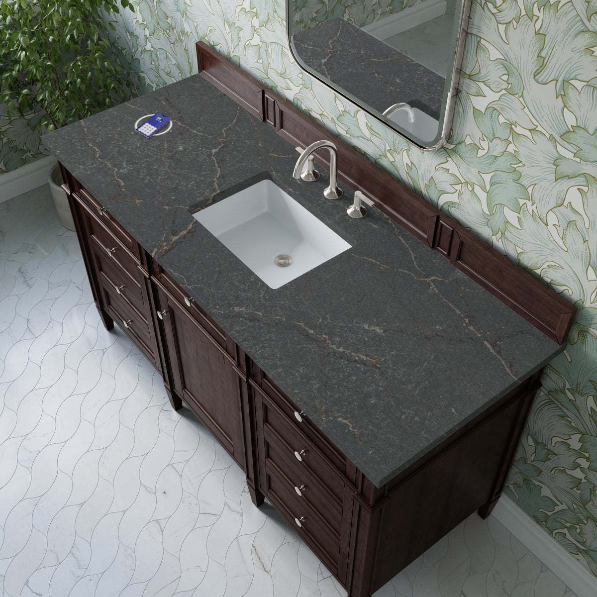 James Martin Brittany 60" Single Bathroom Vanity, Burnished Mahogany with Parisien Bleu (FreePower) countertop