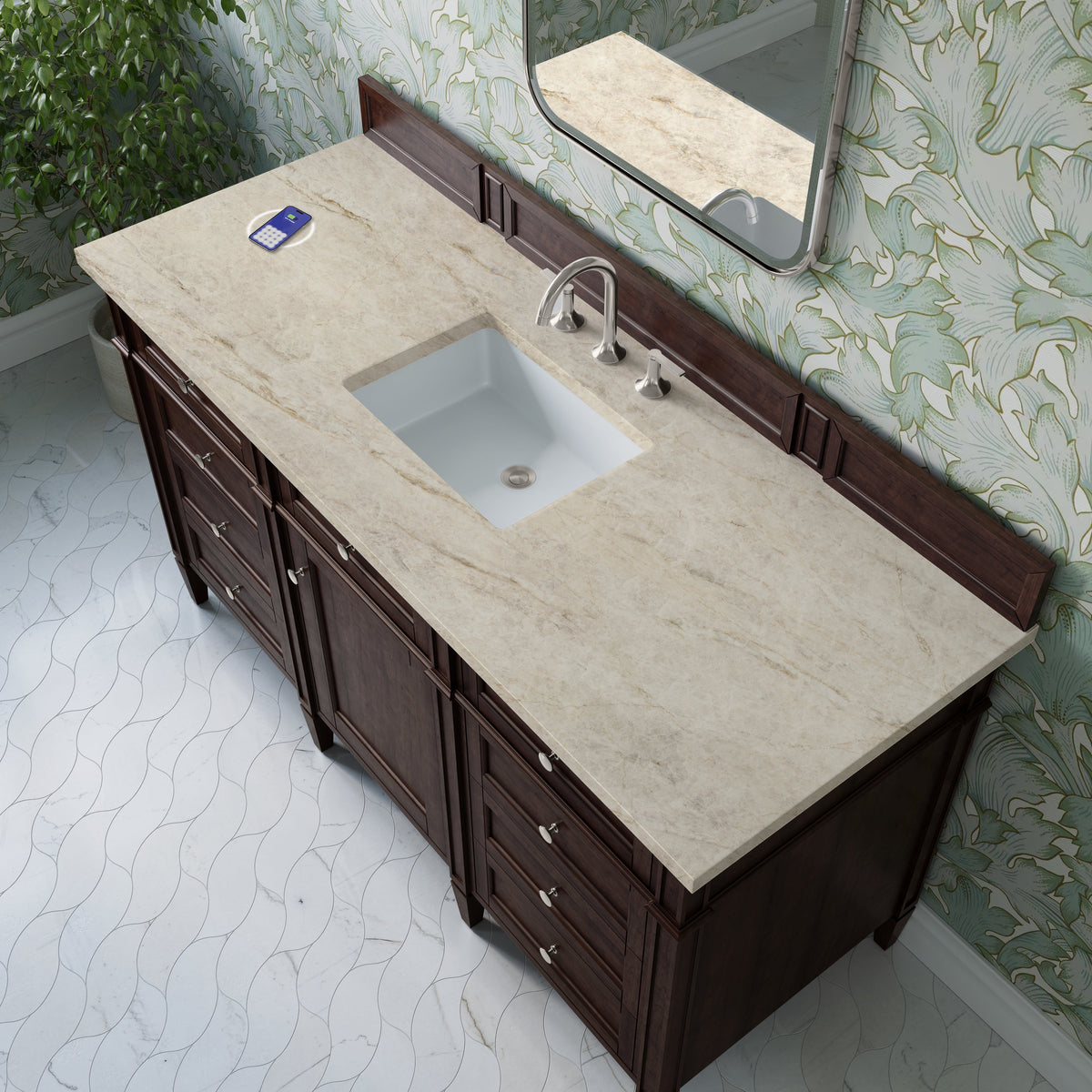 James Martin Brittany 60" Single Bathroom Vanity, Burnished Mahogany with Tajnar (FreePower) countertop