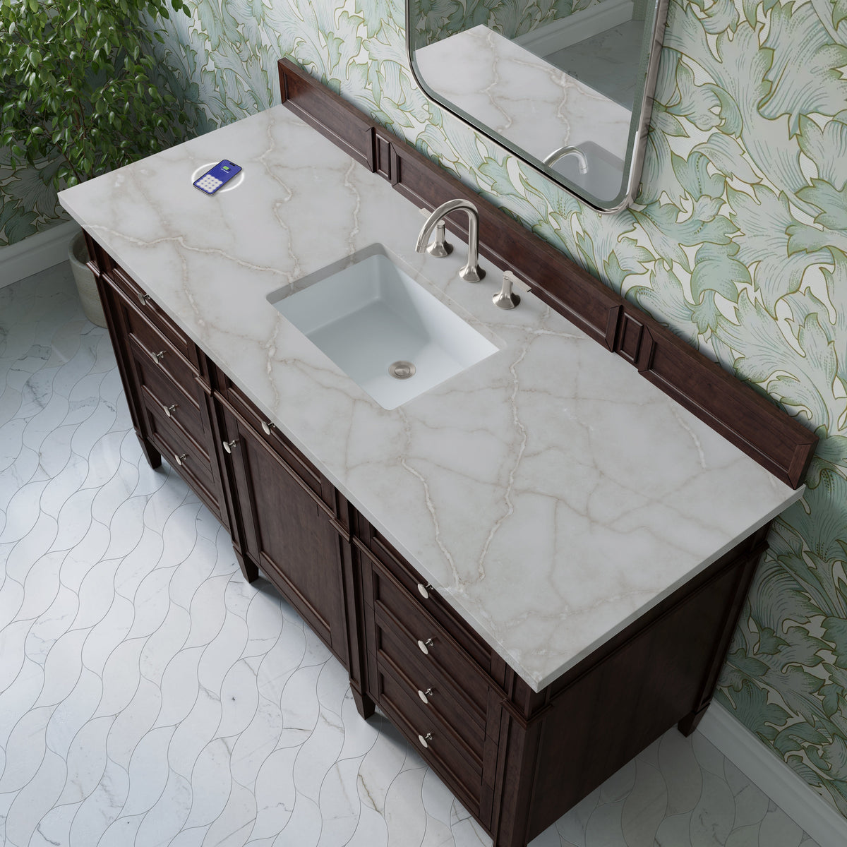 James Martin Brittany 60" Single Bathroom Vanity, Burnished Mahogany with Victorian Silver (FreePower) countertop
