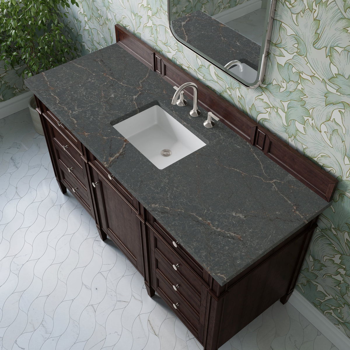 James Martin Brittany 60" Single Bathroom Vanity, Burnished Mahogany with Parisien Bleu countertop