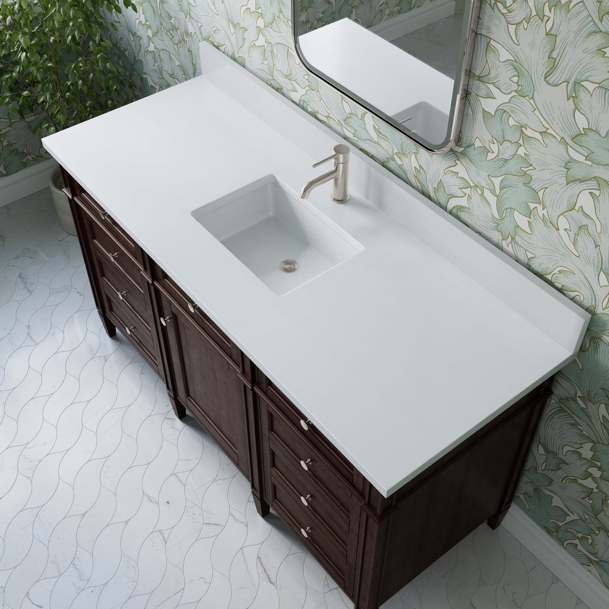 James Martin Brittany 60" Single Bathroom Vanity, Burnished Mahogany with White Zeus (Single Hole, with Backsplash) countertop