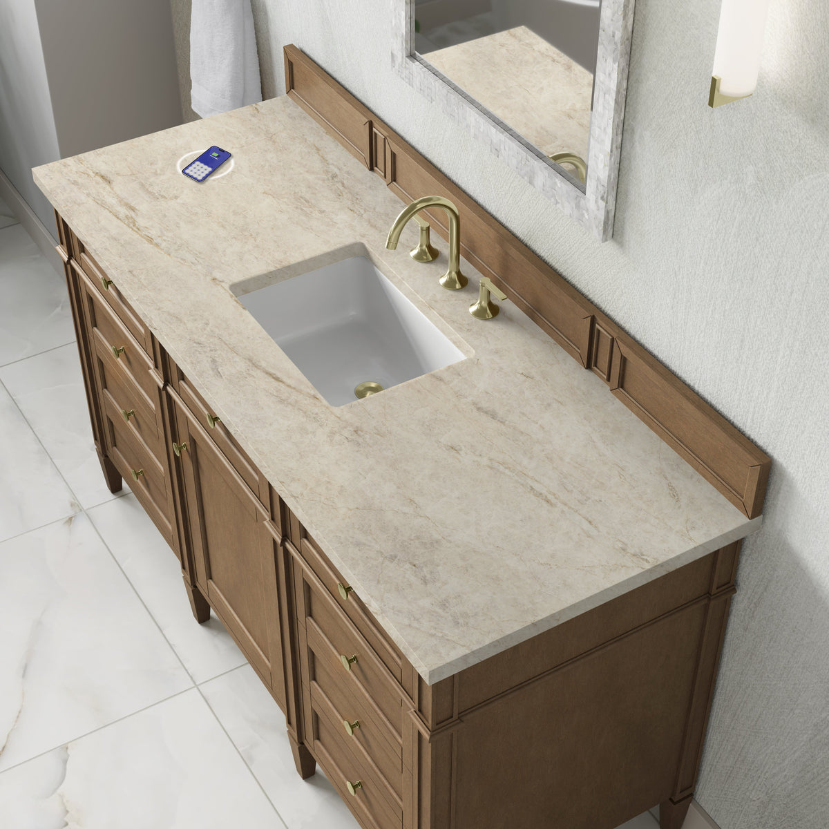 James Martin Brittany 60" Single Bathroom Vanity, Pecan with Tajnar (FreePower) countertop