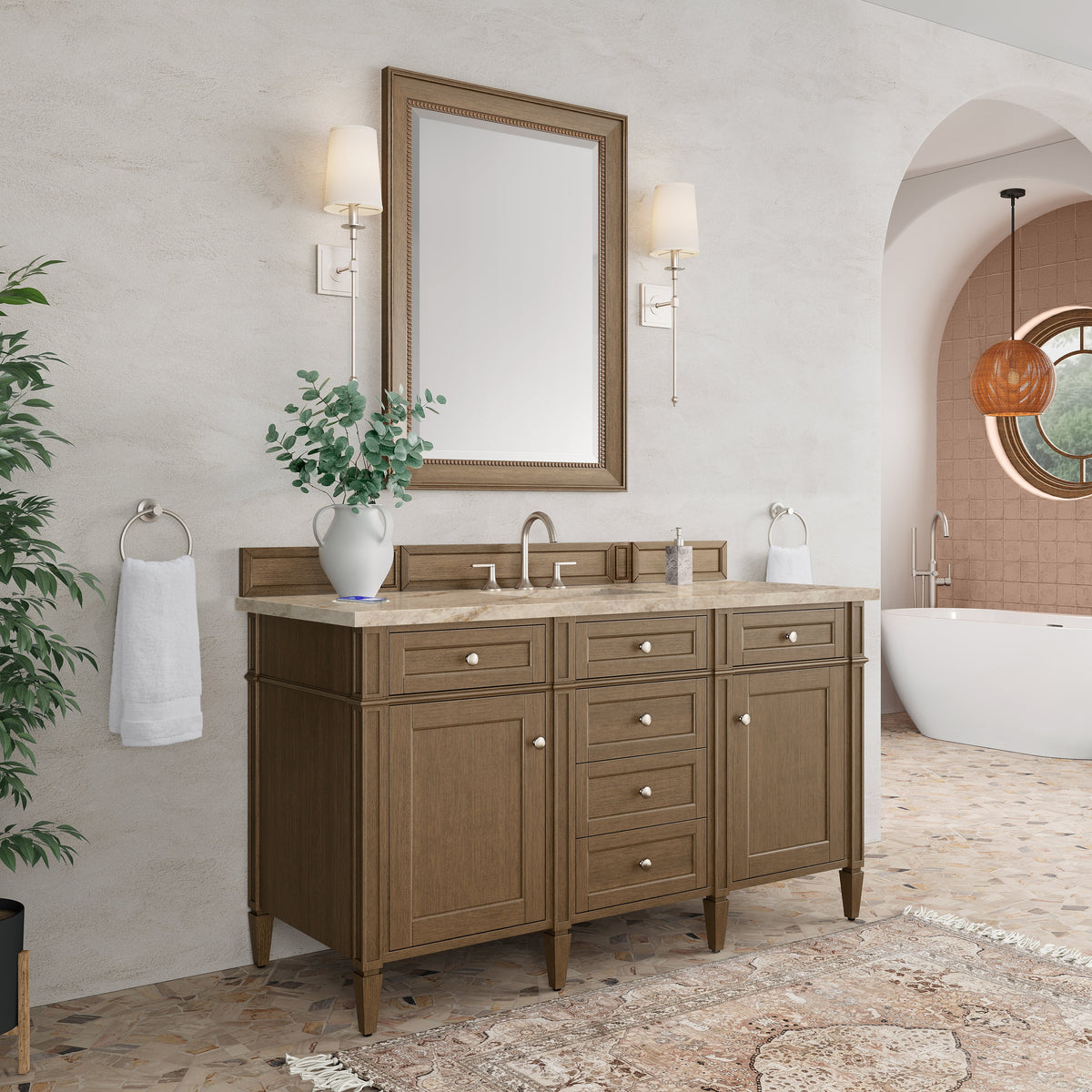 James Martin Brittany 60" Single Bathroom Vanity, Saddle Brown with Tajnar (FreePower) countertop