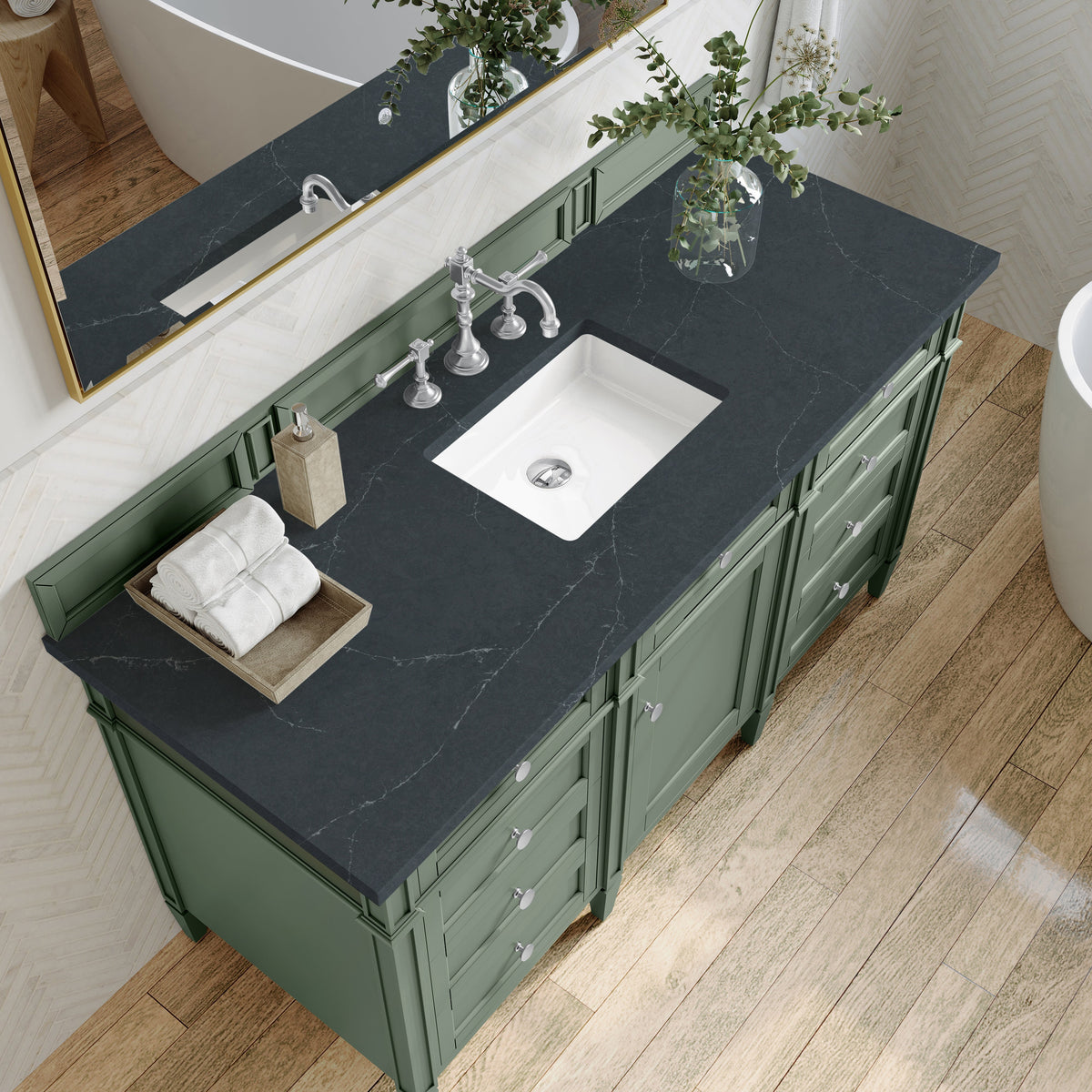 James Martin Brittany 60" Single Bathroom Vanity, Smokey Celadon with Charcoal Soapstone countertop