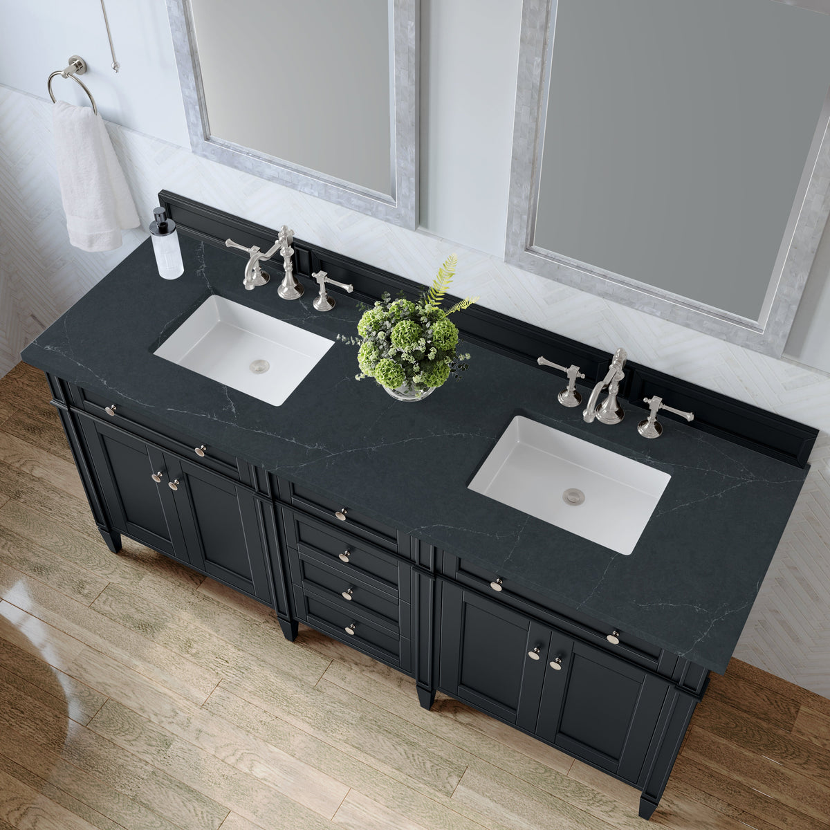 James Martin Brittany 72" Double Bathroom Vanity, Black Onyx with Charcoal Soapstone countertop
