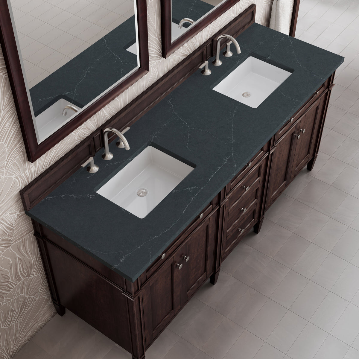 James Martin Brittany 72" Double Bathroom Vanity, Burnished Mahogany with Charcoal Soapstone countertop