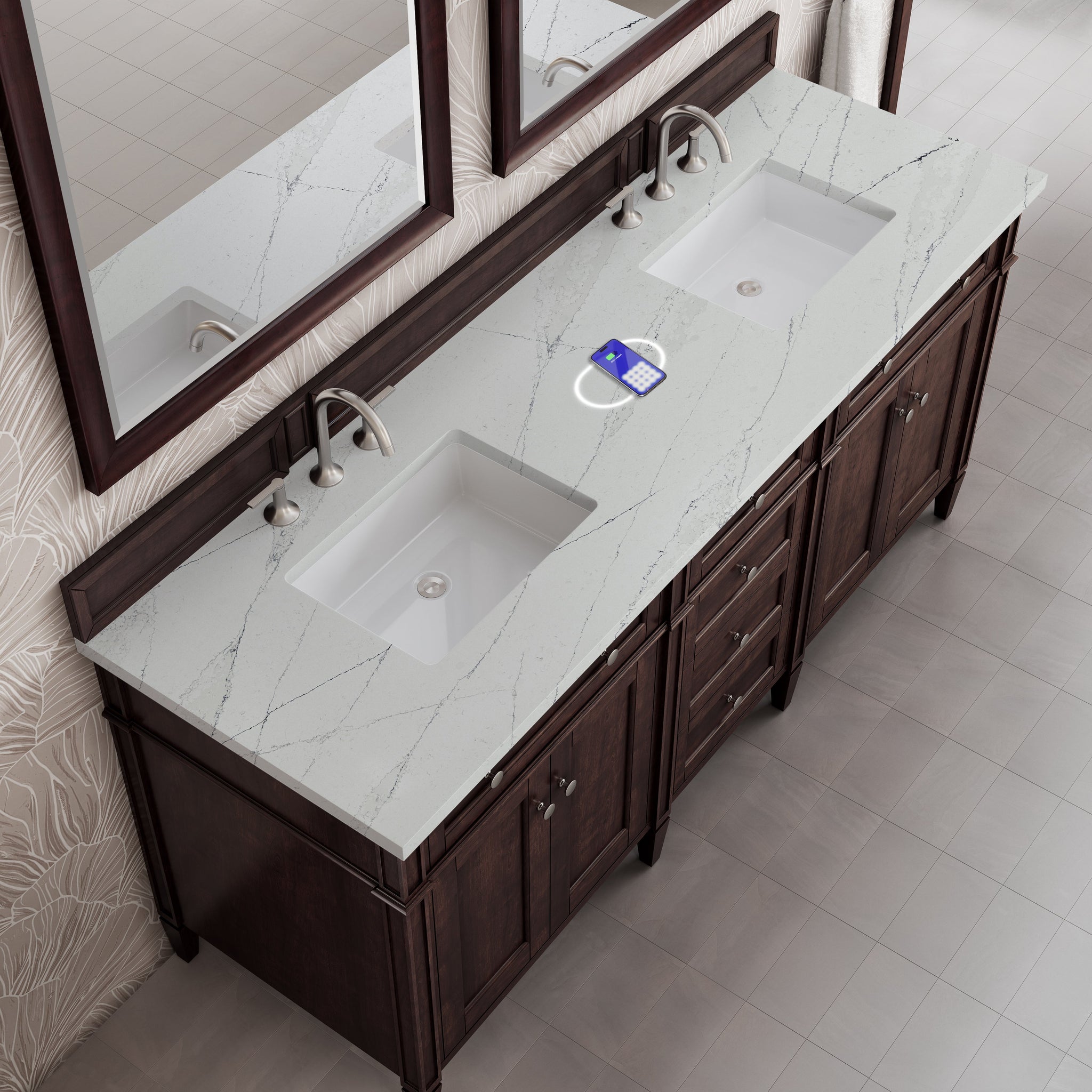 James Martin Brittany 72" Double Bathroom Vanity, Burnished Mahogany with Ethereal Noctis (FreePower) countertop