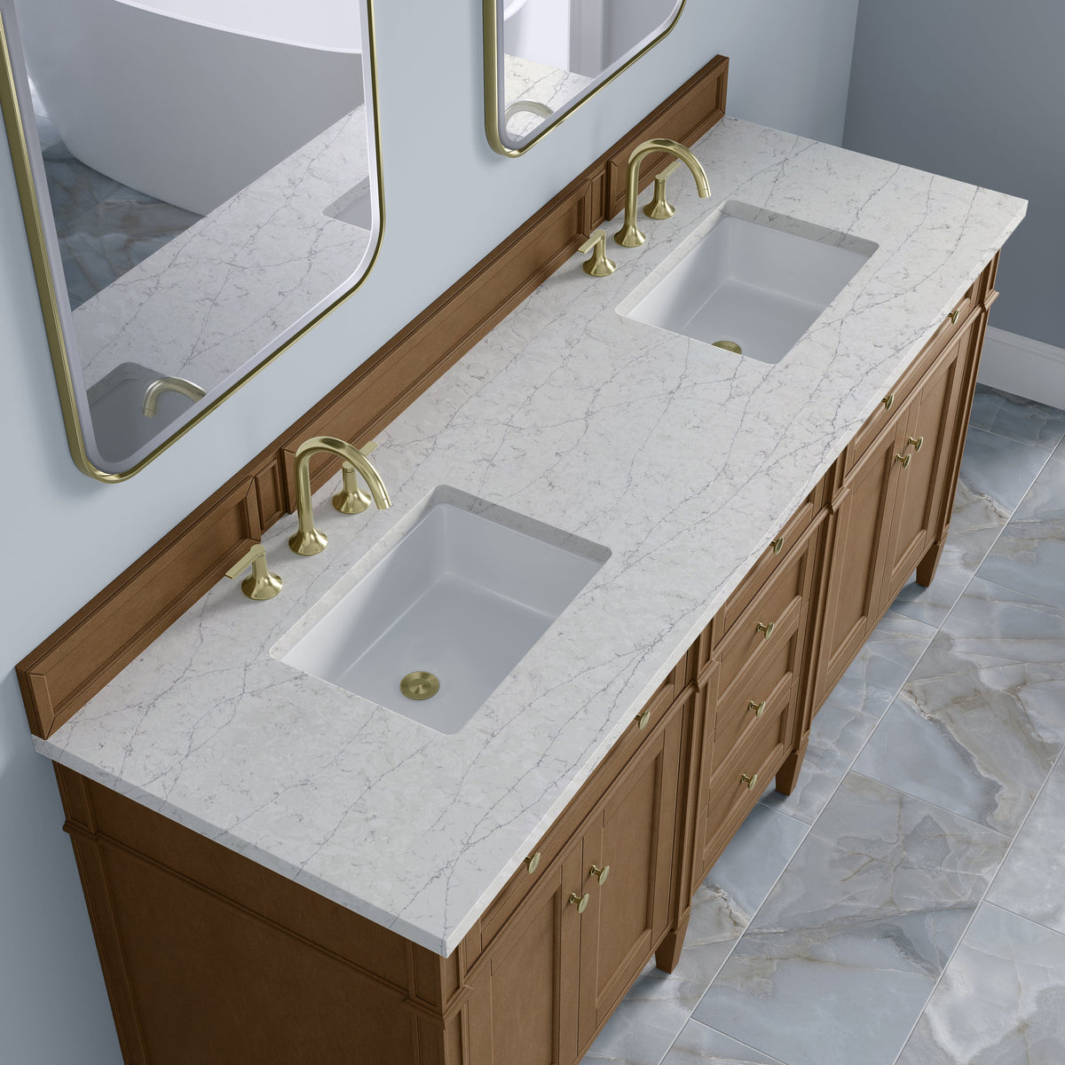 James Martin Brittany 72" Double Bathroom Vanity, Pecan with Eternal Jasmine Pearl countertop
