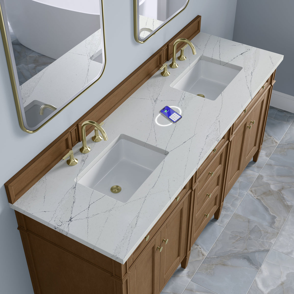 James Martin Brittany 72" Double Bathroom Vanity, Pecan with Ethereal Noctis (FreePower) countertop