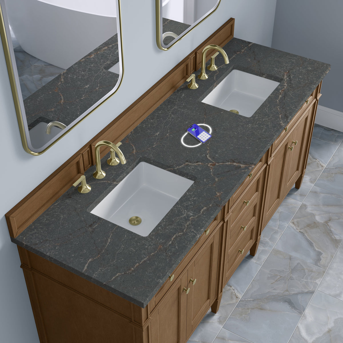 James Martin Brittany 72" Double Bathroom Vanity, Pecan with Parisien Bleu (FreePower) countertop