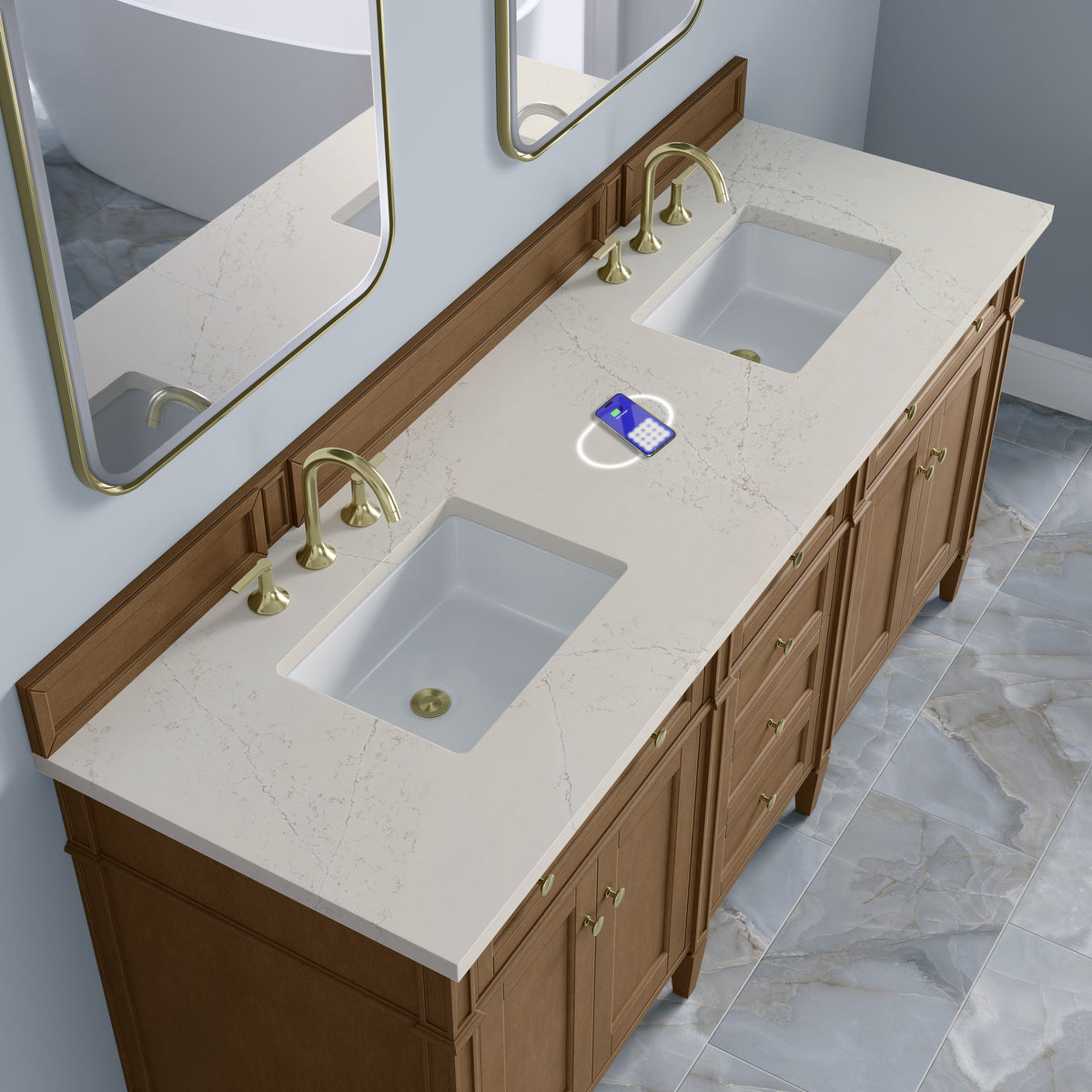 James Martin Brittany 72" Double Bathroom Vanity, Pecan with Siberian (FreePower) countertop