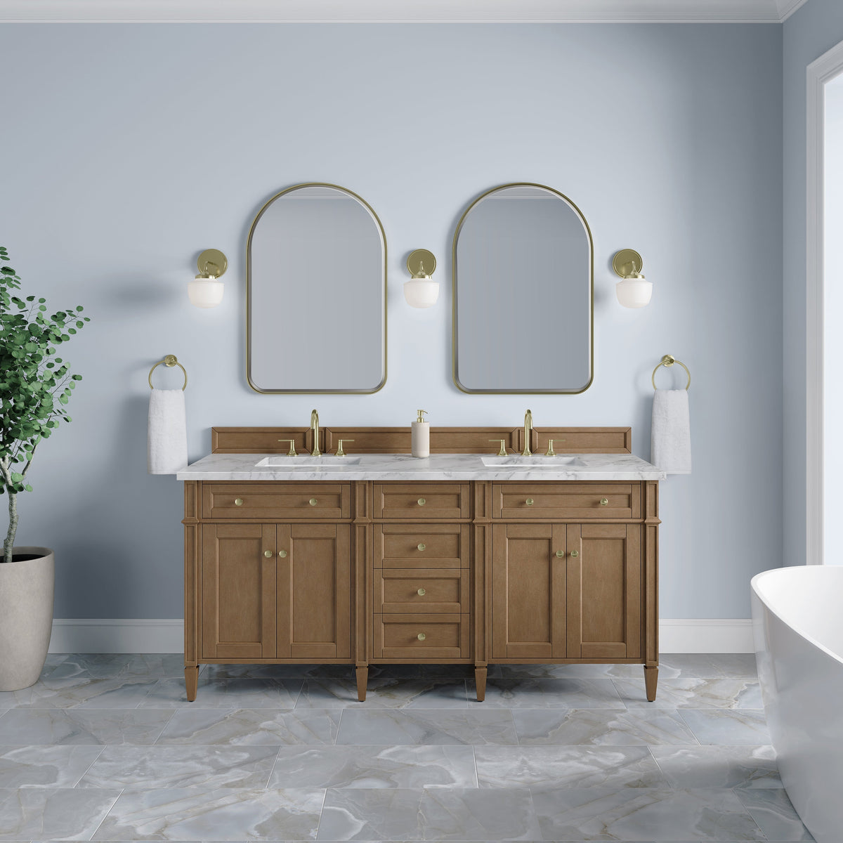 James Martin Brittany 72" Double Bathroom Vanity, Pecan, cabinet without a countertop