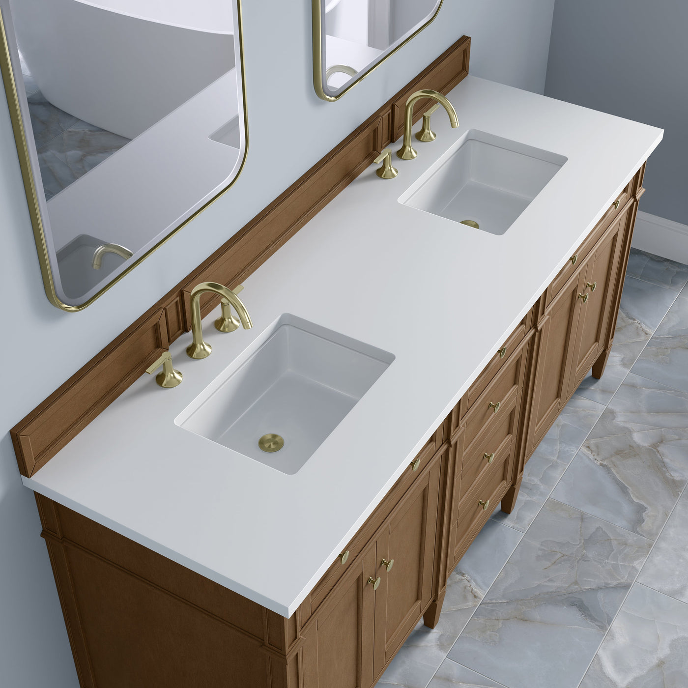 James Martin Brittany 72" Double Bathroom Vanity, Pecan with White Zeus countertop