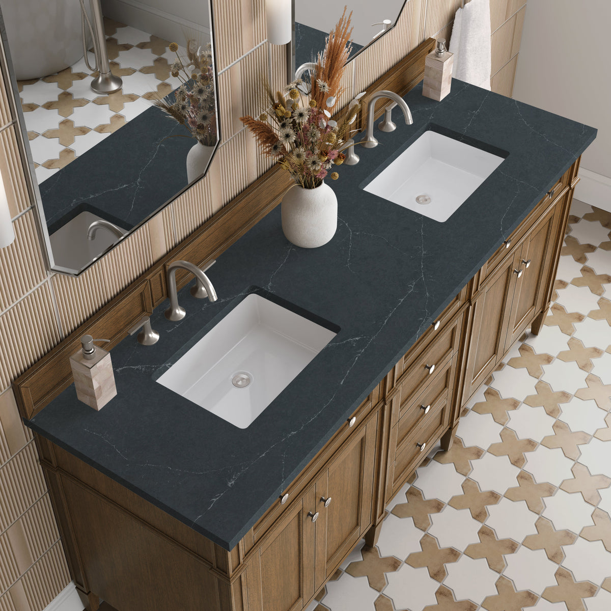 James Martin Brittany 72" Double Bathroom Vanity, Saddle Brown with Charcoal Soapstone countertop