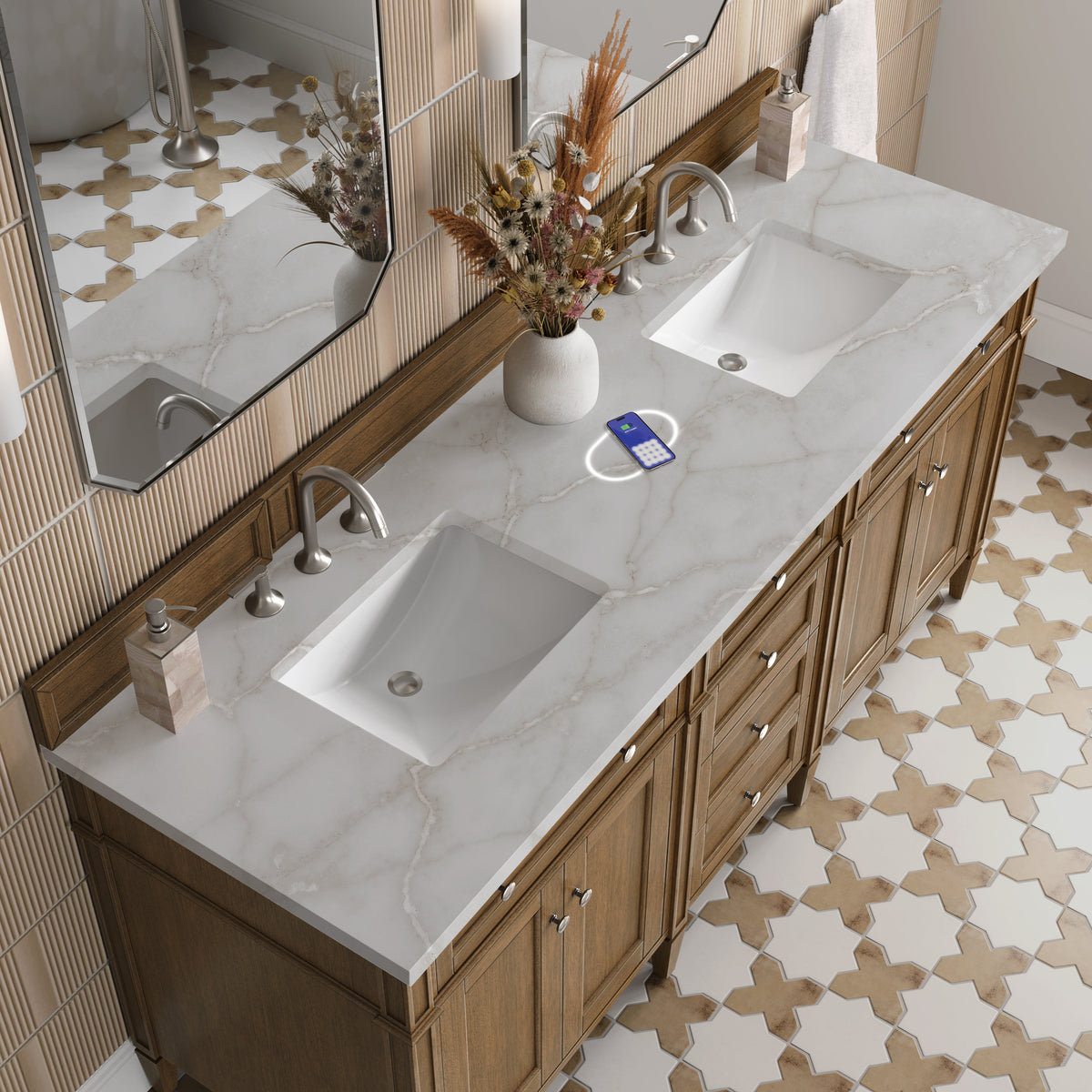 James Martin Brittany 72" Double Bathroom Vanity, Saddle Brown with Victorian Silver (FreePower) countertop