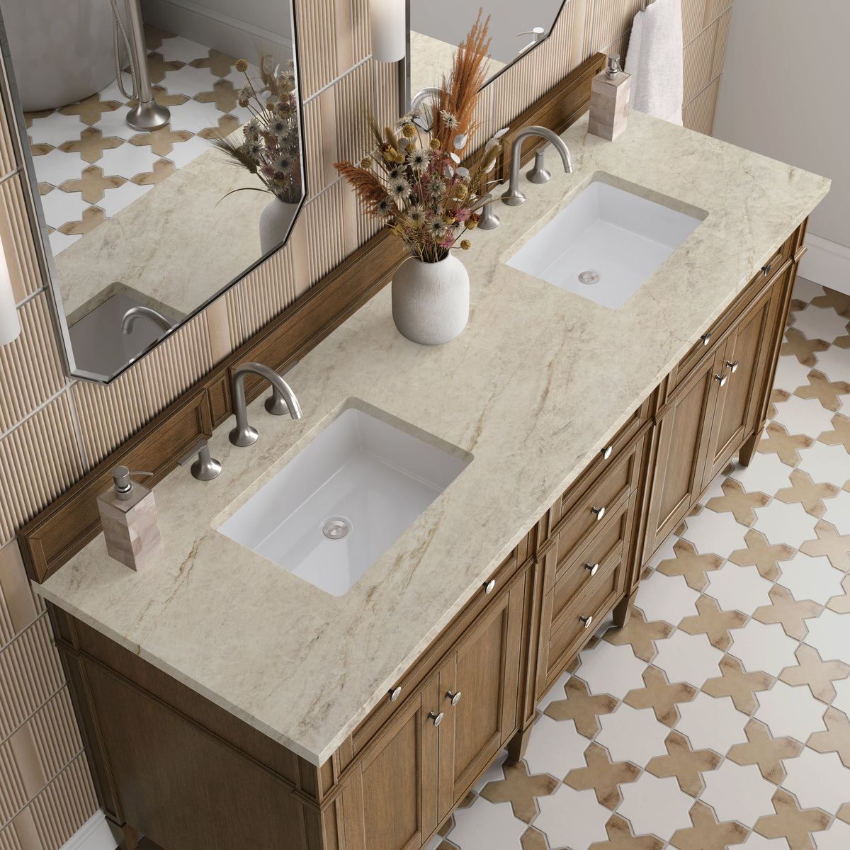 James Martin Brittany 72" Double Bathroom Vanity, Saddle Brown with Tajnar countertop
