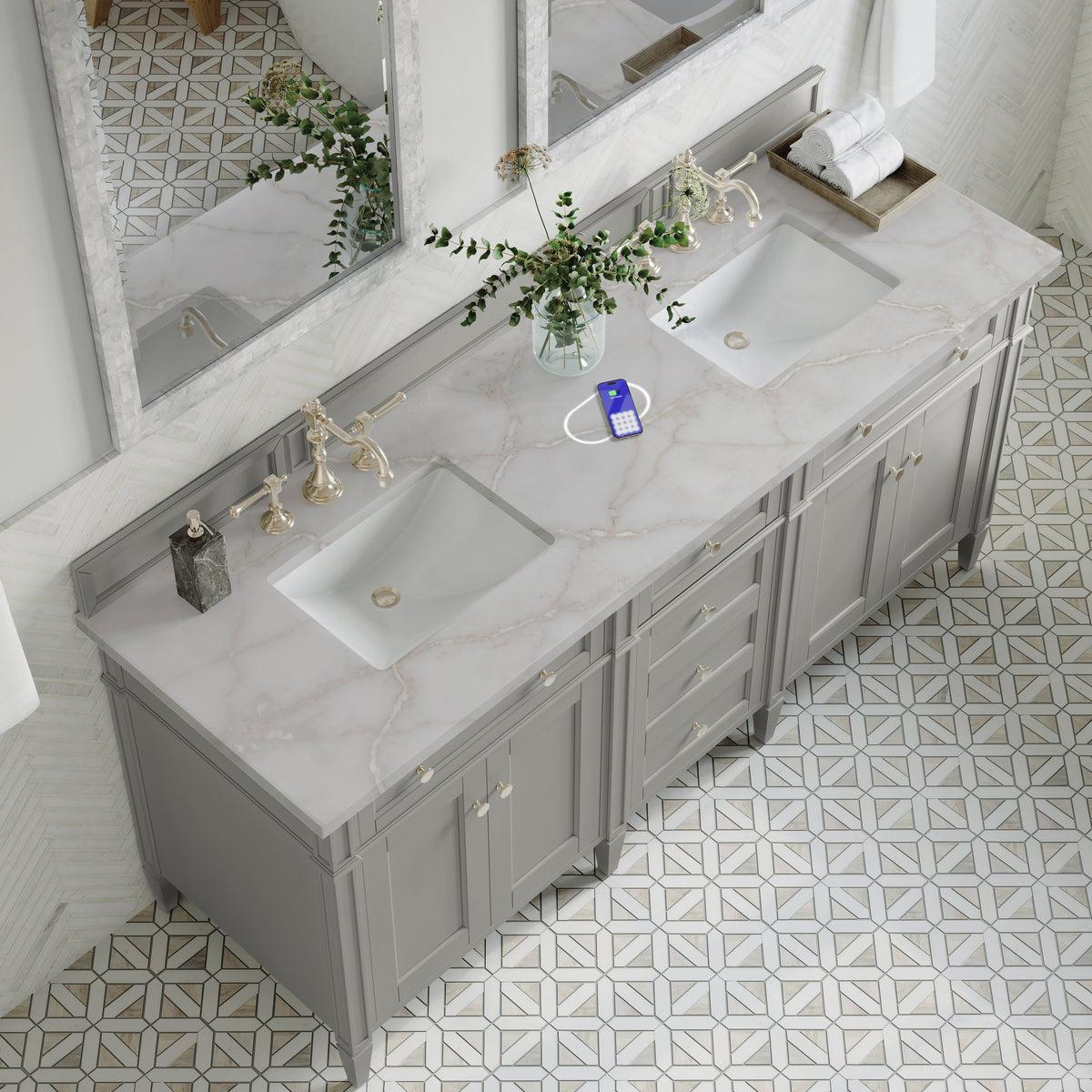 James Martin Brittany 72" Double Bathroom Vanity, Urban Gray with Victorian Silver (FreePower) countertop