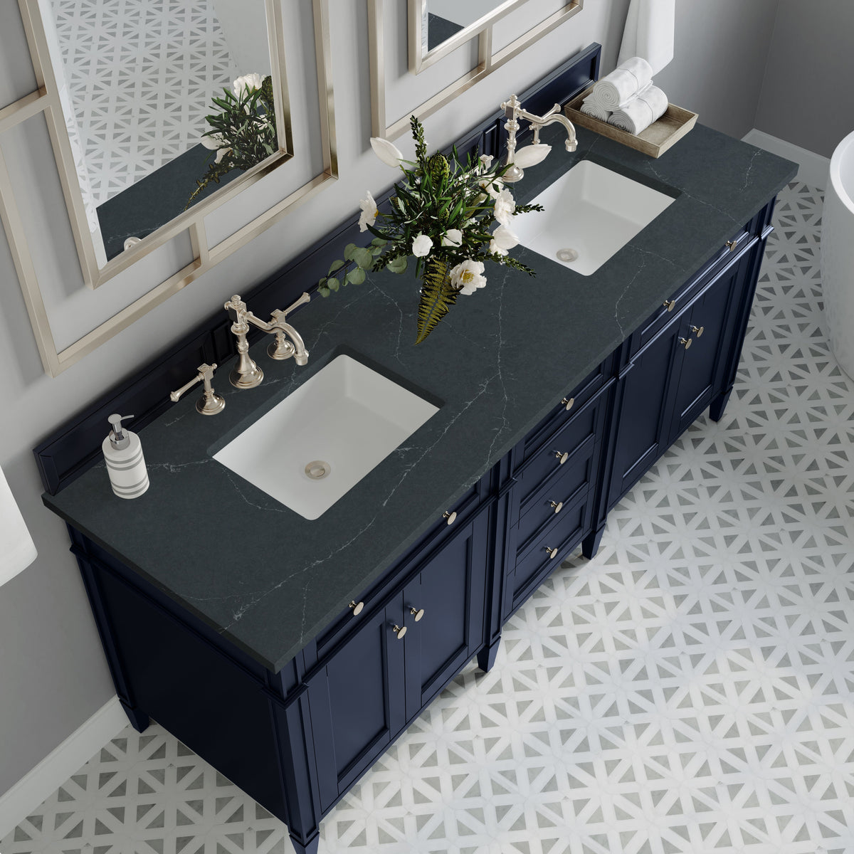 James Martin Brittany 72" Double Bathroom Vanity, Victory Blue with Charcoal Soapstone countertop