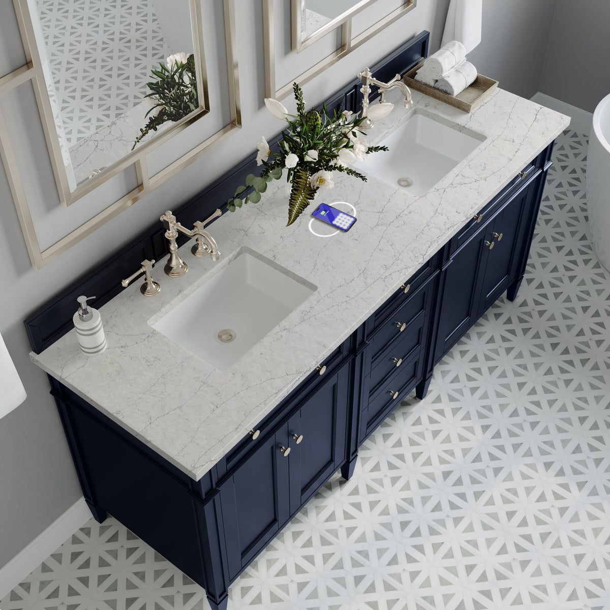 James Martin Brittany 72" Double Bathroom Vanity, Victory Blue with Eternal Jasmine Pearl (FreePower) countertop