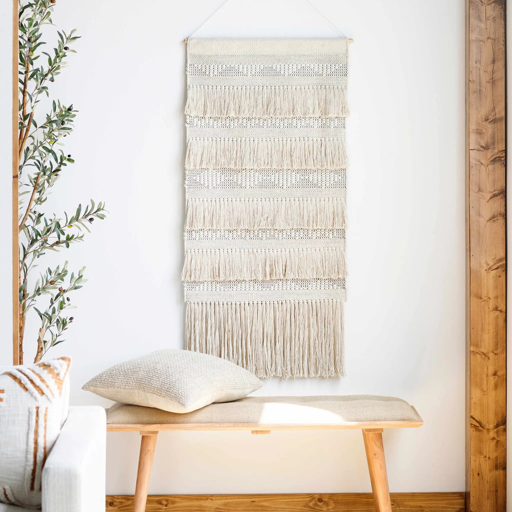 Brookesmith Cream Fringed Patterned Wall Hanging by Boutique Rugs