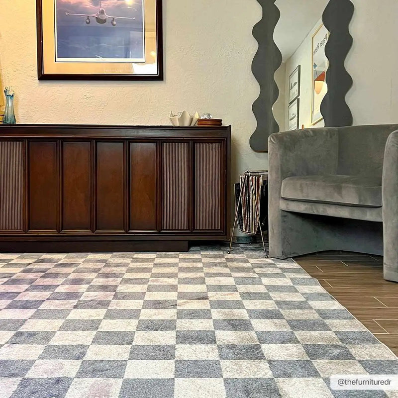 Brone Blue Checkered Washable Rug by Boutique Rugs