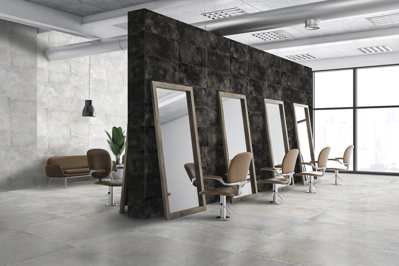 Brooklyn Cemento Argent Honed Concrete Look Porcelain Tiles 12x24 installed in a salon
