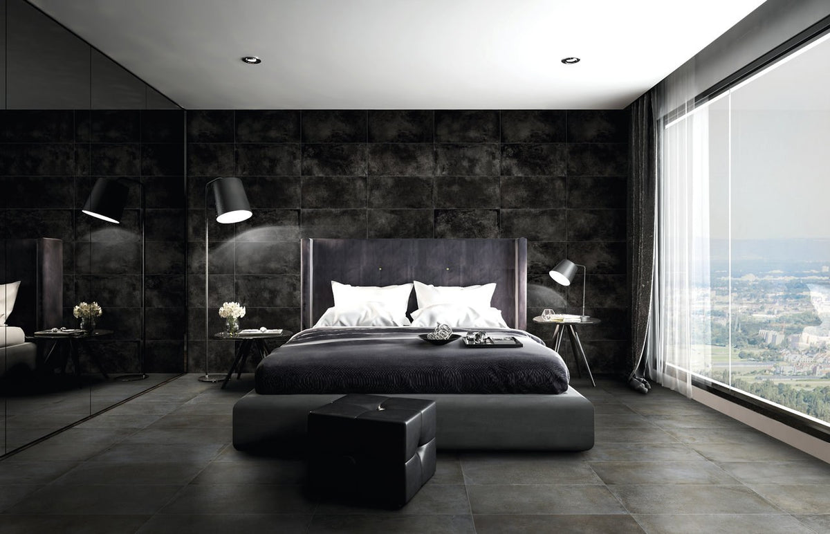 Brooklyn Cemento Black Honed Concrete Look Porcelain Tiles 24x24 installed in a bedroom
