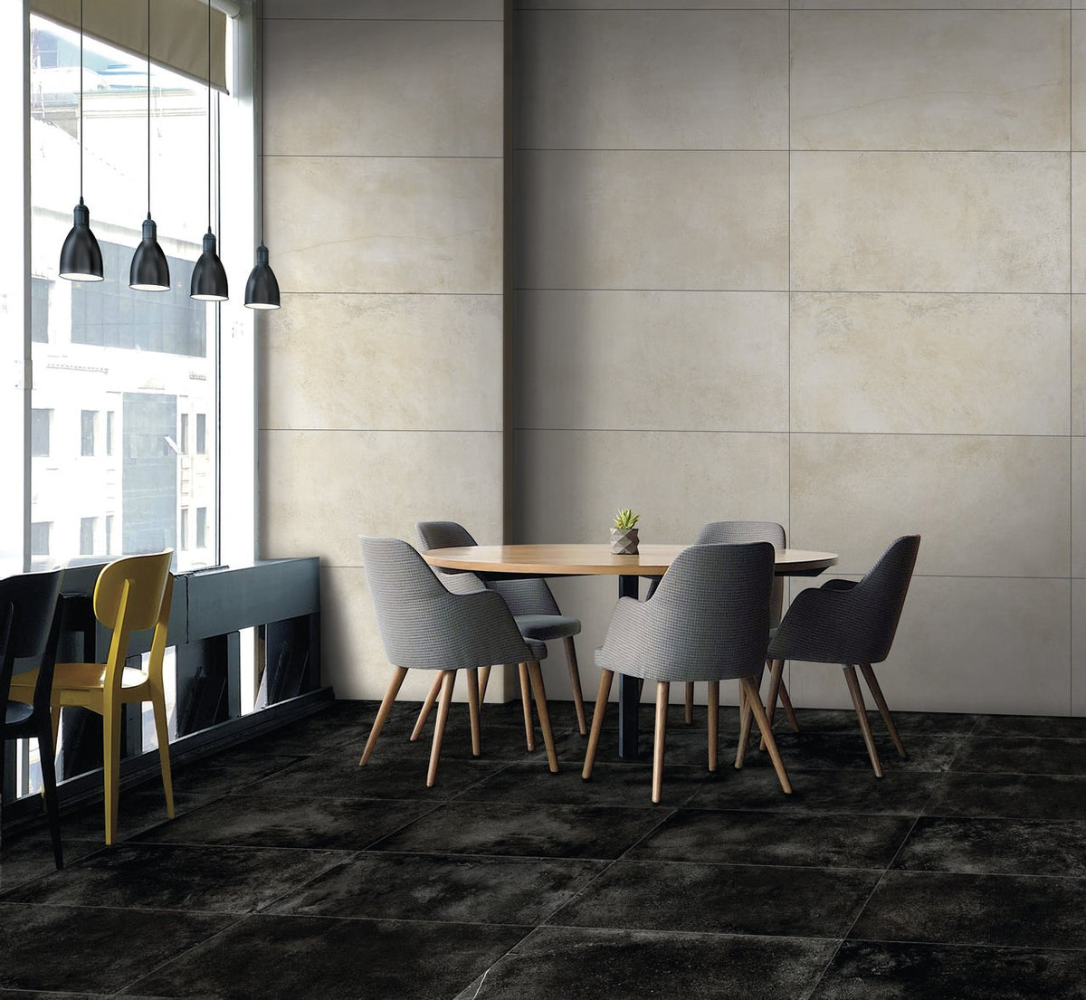 Brooklyn Cemento Black Honed Concrete Look Porcelain Tiles 24x48 installed in a cafe