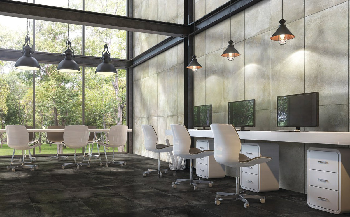 Brooklyn Cemento Black Honed Concrete Look Porcelain Tiles 24x48 installed in an office