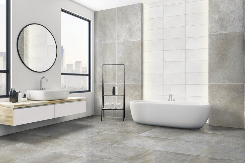 Brooklyn Cemento Greige Honed Concrete Look Bullnose Porcelain Trim 4x24 installed in a bathroom