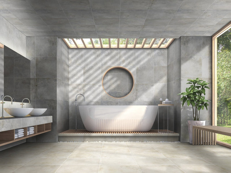 Brooklyn Cemento Sand Honed Concrete Look Cove Base Porcelain Trim 6x12 installed in a bathroom