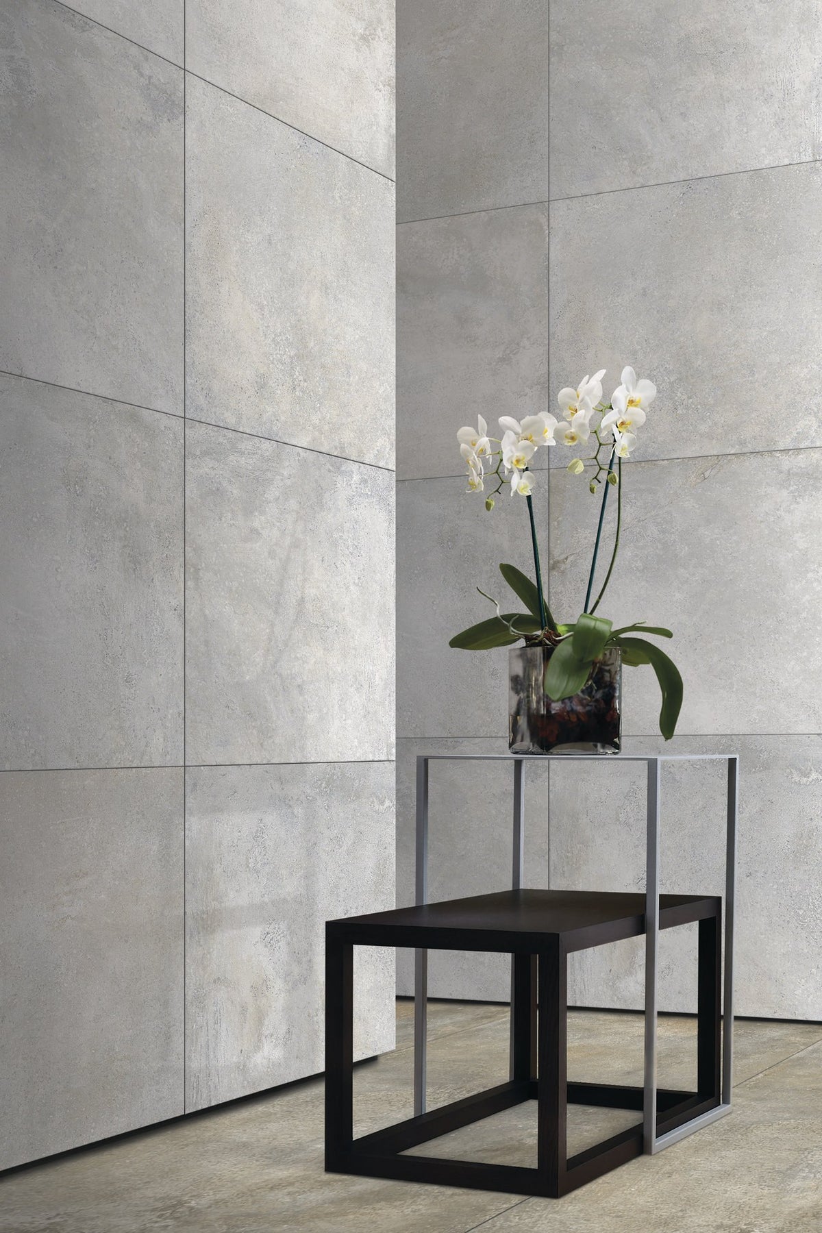 Brooklyn Cemento Toupe Honed Concrete Look Porcelain Tiles 24x24 installed in a hallway