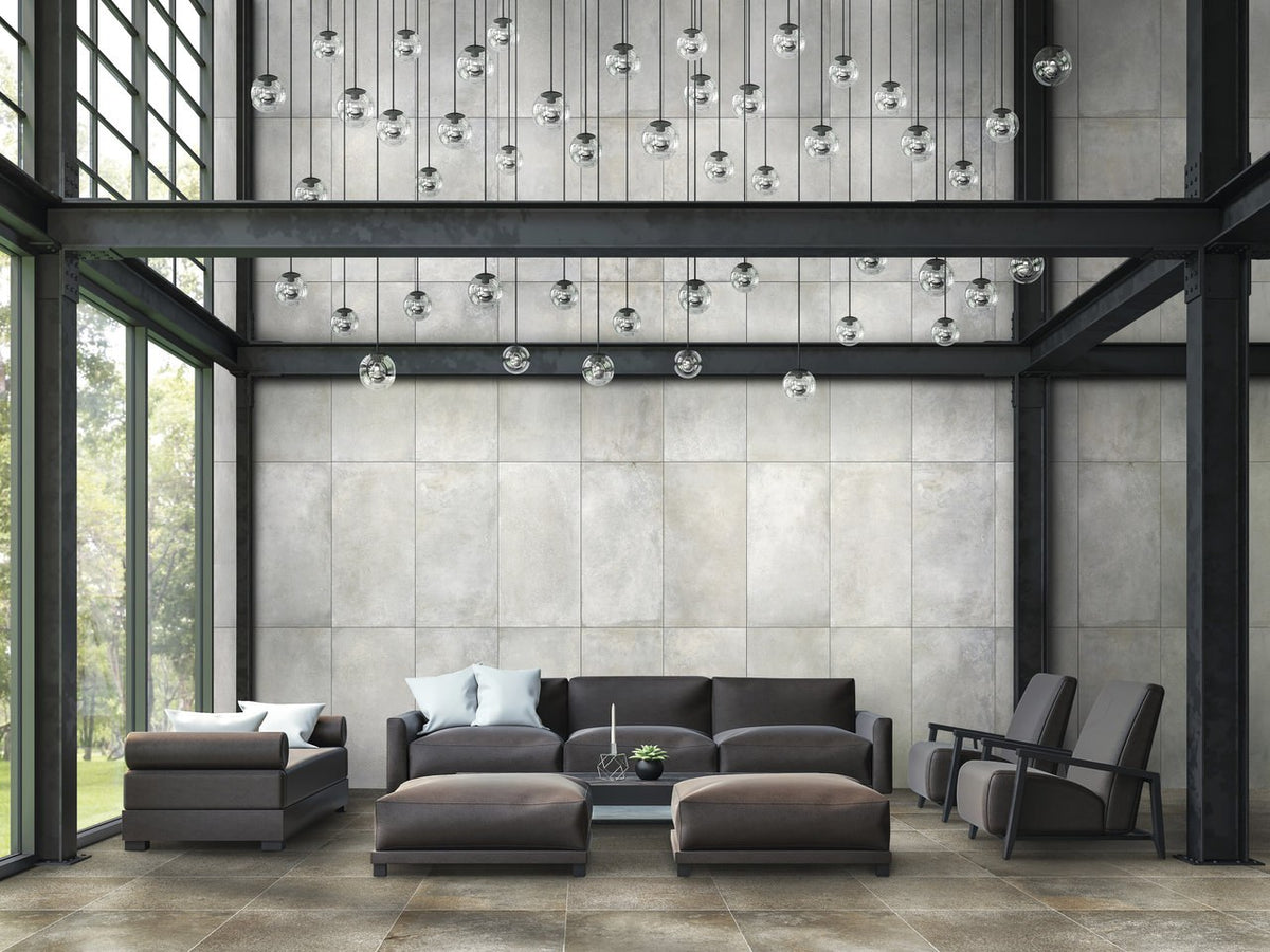 Brooklyn Cemento Toupe Honed Concrete Look Porcelain Tiles 24x24 installed in a living room
