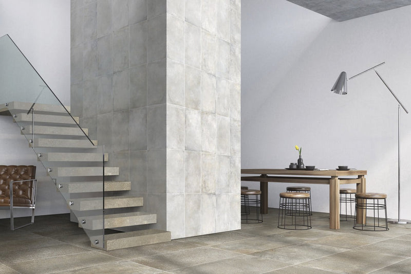 Brooklyn Cemento Toupe Honed Concrete Look Porcelain Tiles 24x48 installed in a living room, view 2
