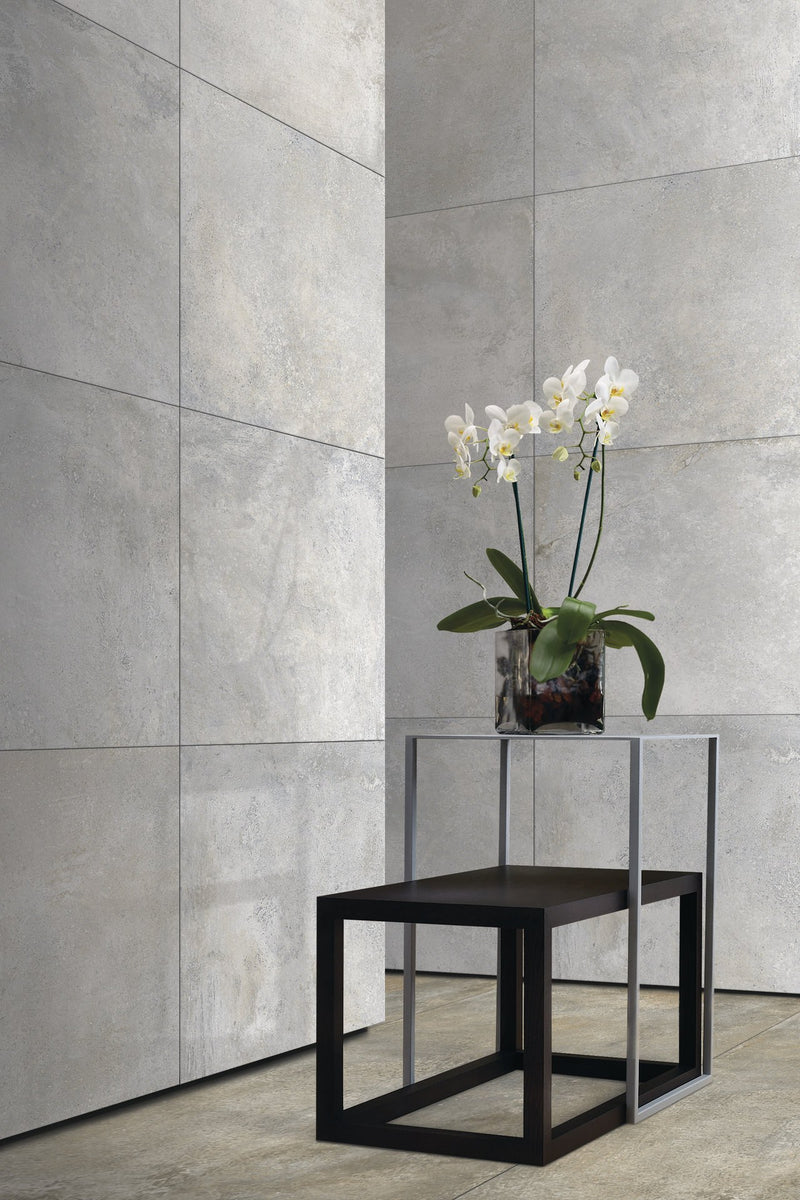 Brooklyn Cemento Toupe Honed Concrete Look Porcelain Tiles 24x48 installed in a hallway
