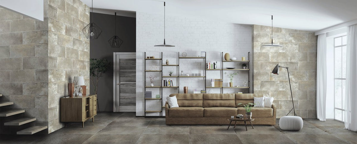 Brooklyn Cemento Toupe Honed Concrete Look Porcelain Tiles 24x48 installed in a living room, view 3