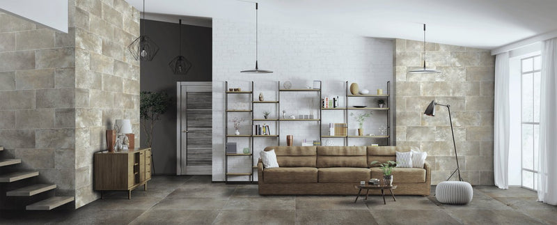 Brooklyn Cemento Toupe Honed Concrete Look Porcelain Tiles 24x48 installed in a living room, view 3