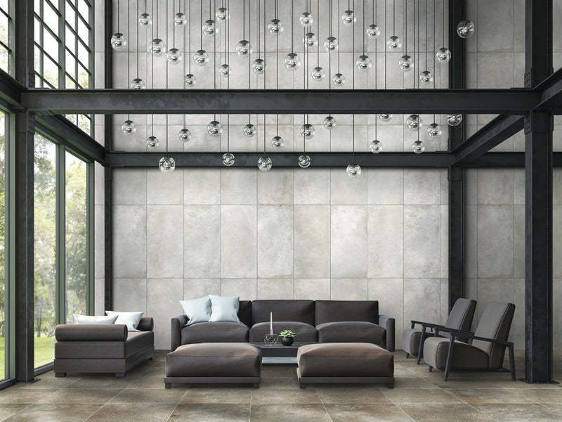 Brooklyn Cemento Toupe Honed Concrete Look Porcelain Tiles 24x48 installed in a living room