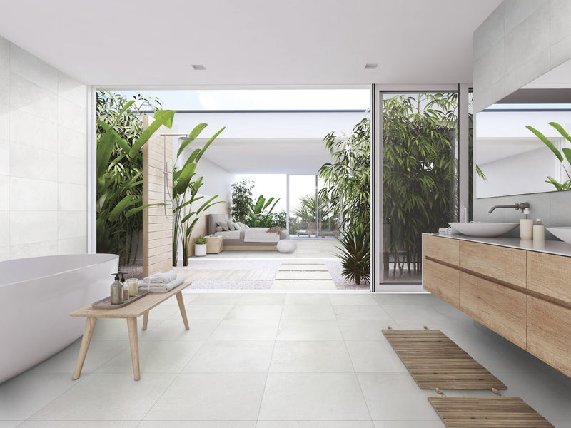 Brooklyn Cemento White Honed Concrete Look Bullnose Porcelain Trim 4x24 installed in a bathroom, view 2
