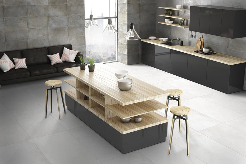 Brooklyn Cemento White Honed Concrete Look Porcelain Tiles 24x24 installed in a kitchen